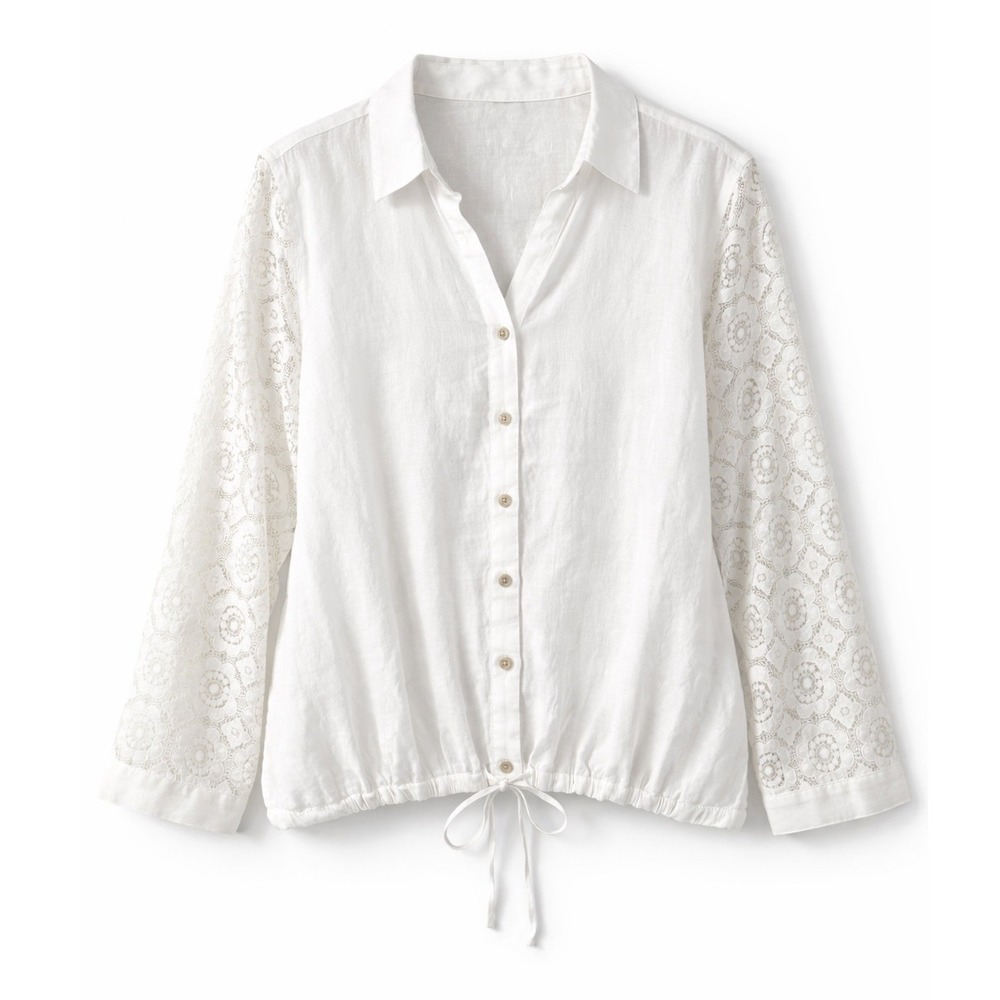 JJill Love Linen White Lace Eyelet Sleeve Button Front Drawstring Blouse Jacket